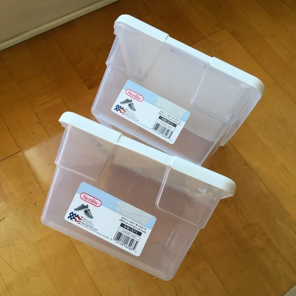 Set/2 Sterilite Shoe Boxes for Storage, Inventory, Crafts, Clear, White, NEW